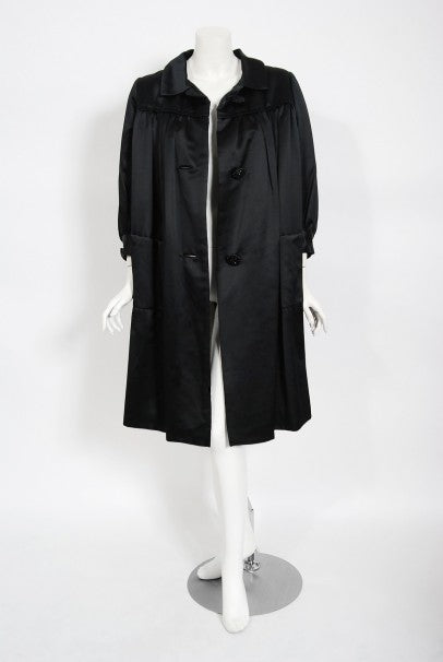 1951 Traina-Norell Black Duchess Satin Voluminous Pleated Swing Coat