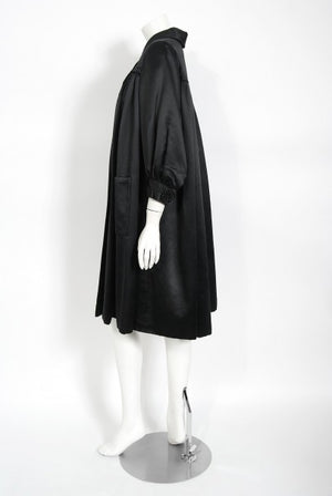 1951 Traina-Norell Black Duchess Satin Voluminous Pleated Swing Coat