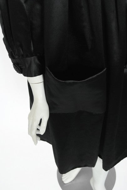 1951 Traina-Norell Black Duchess Satin Voluminous Pleated Swing Coat