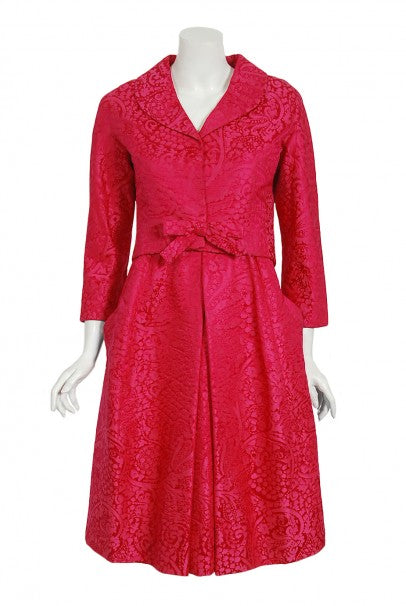 1962 Christian Dior Haute Couture Pink Textured Silk Dress &amp; Bow Jacket