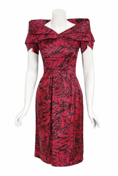 1950&#39;s Worth Couture Magenta Pink Floral Print Silk Shawl-Collar Dress