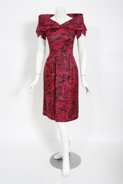 1950&#39;s Worth Couture Magenta Pink Floral Print Silk Shawl-Collar Dress