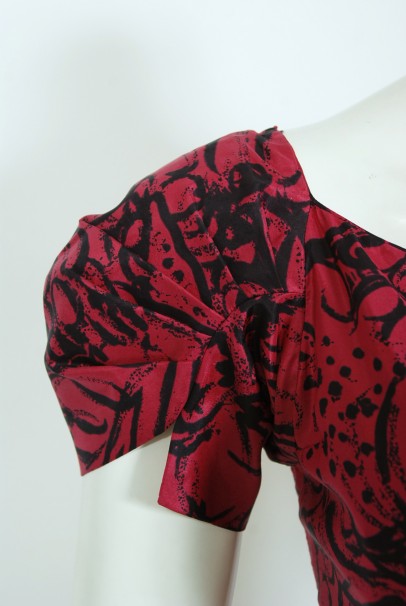 1950&#39;s Worth Couture Magenta Pink Floral Print Silk Shawl-Collar Dress