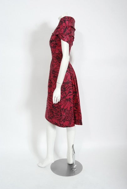 1950&#39;s Worth Couture Magenta Pink Floral Print Silk Shawl-Collar Dress
