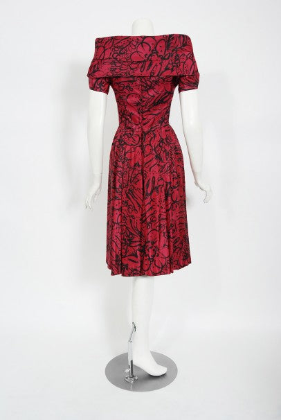 1950&#39;s Worth Couture Magenta Pink Floral Print Silk Shawl-Collar Dress