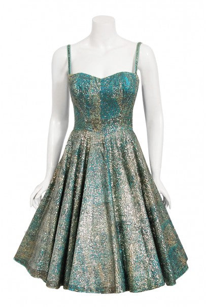 1950&#39;s Mexican Aztec Tiki Novelty Print Sequin Blue Cotton Full Dress