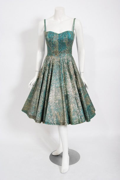 1950&#39;s Mexican Aztec Tiki Novelty Print Sequin Blue Cotton Full Dress