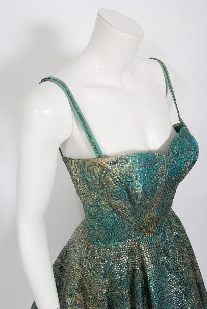 1950&#39;s Mexican Aztec Tiki Novelty Print Sequin Blue Cotton Full Dress