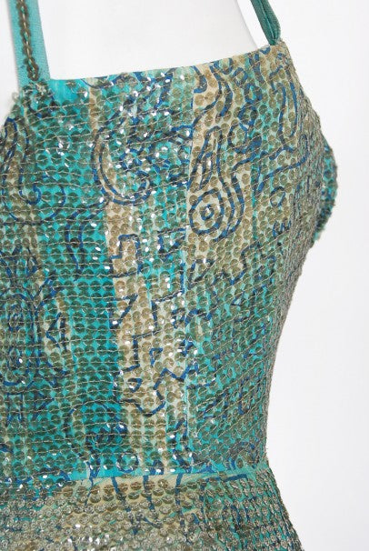 1950&#39;s Mexican Aztec Tiki Novelty Print Sequin Blue Cotton Full Dress