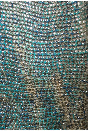 1950's Mexican Aztec Tiki Novelty Print Sequin Blue Cotton Full Dress