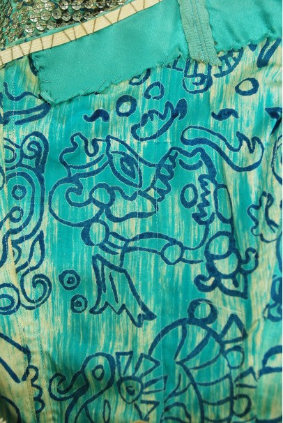 1950&#39;s Mexican Aztec Tiki Novelty Print Sequin Blue Cotton Full Dress