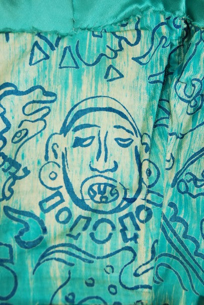 1950&#39;s Mexican Aztec Tiki Novelty Print Sequin Blue Cotton Full Dress