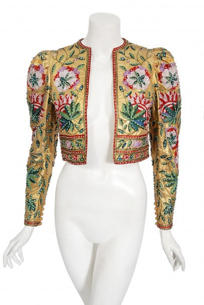 1979 Lanvin Haute Couture Embroidered Beaded Gold Lamé Cropped Jacket