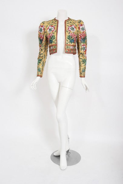 1979 Lanvin Haute Couture Embroidered Beaded Gold Lamé Cropped Jacket