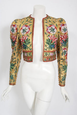 1979 Lanvin Haute Couture Embroidered Beaded Gold Lamé Cropped Jacket