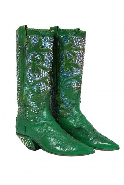 1970&#39;s Nudie&#39;s Rodeo Tailor Rhinestone Green Leather Cowboy Boots
