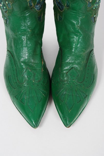 1970&#39;s Nudie&#39;s Rodeo Tailor Rhinestone Green Leather Cowboy Boots