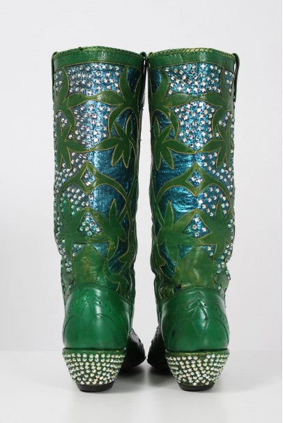 1970&#39;s Nudie&#39;s Rodeo Tailor Rhinestone Green Leather Cowboy Boots