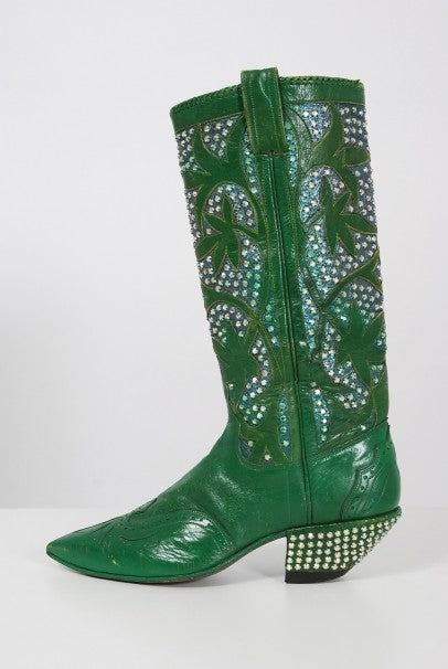 1970&#39;s Nudie&#39;s Rodeo Tailor Rhinestone Green Leather Cowboy Boots