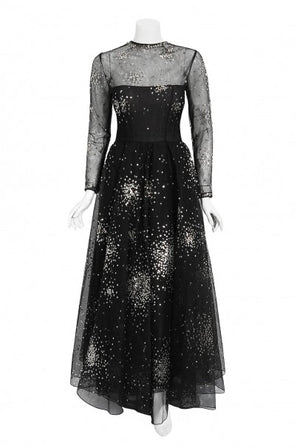 1960 Norman Norell Sequin Star Novelty Black Sheer Illusion Tulle Gown