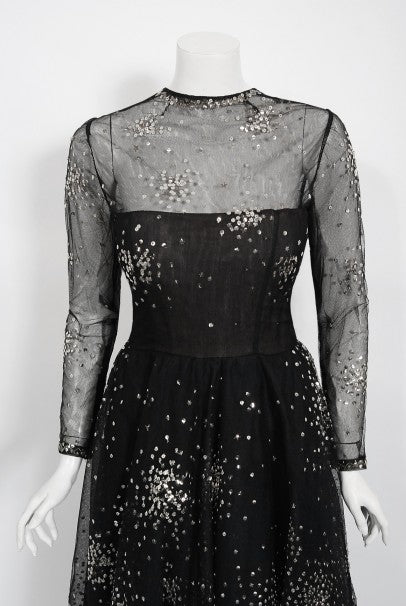 1960 Norman Norell Sequin Star Novelty Black Sheer Illusion Tulle Gown