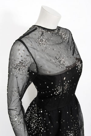 1960 Norman Norell Sequin Star Novelty Black Sheer Illusion Tulle Gown
