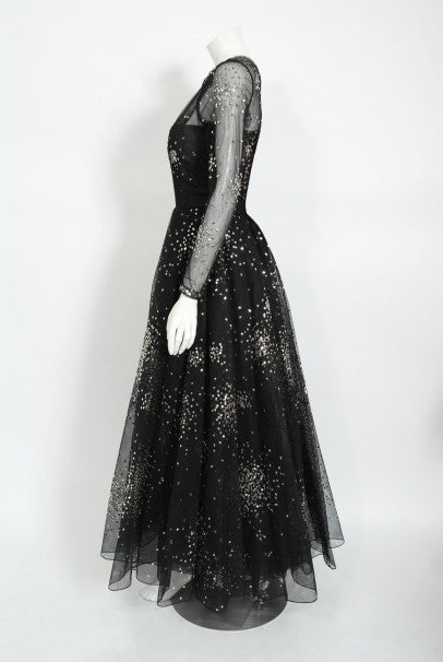 1960 Norman Norell Sequin Star Novelty Black Sheer Illusion Tulle Gown