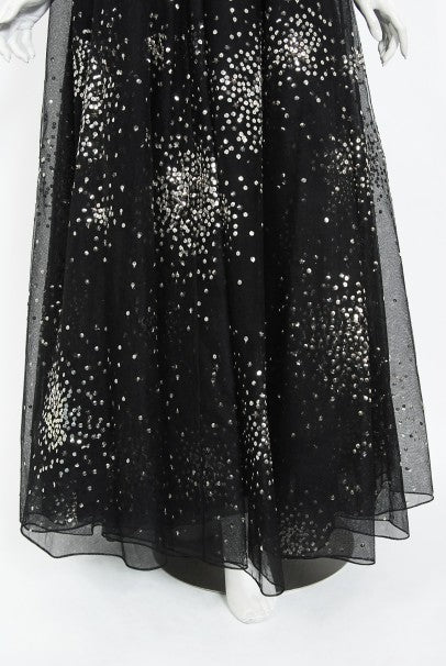 1960 Norman Norell Sequin Star Novelty Black Sheer Illusion Tulle Gown