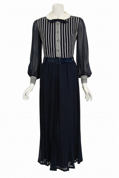 1970's Jacques Réval Paris Navy Chiffon Sequin-Stripe Pleated Maxi Dress