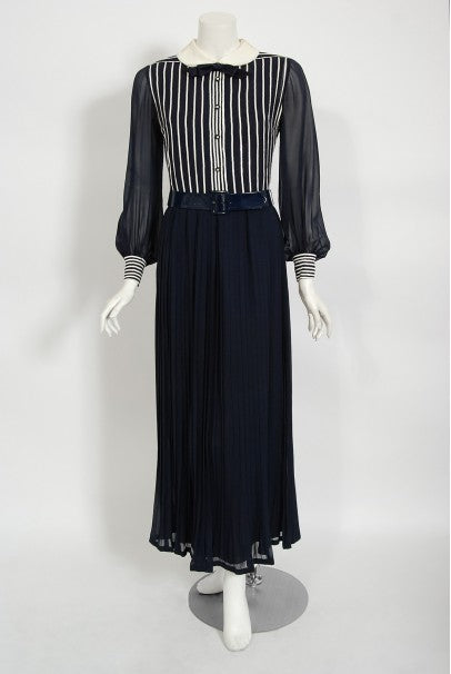 1970's Jacques Réval Paris Navy Chiffon Sequin-Stripe Pleated Maxi Dress