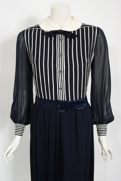 1970's Jacques Réval Paris Navy Chiffon Sequin-Stripe Pleated Maxi Dress