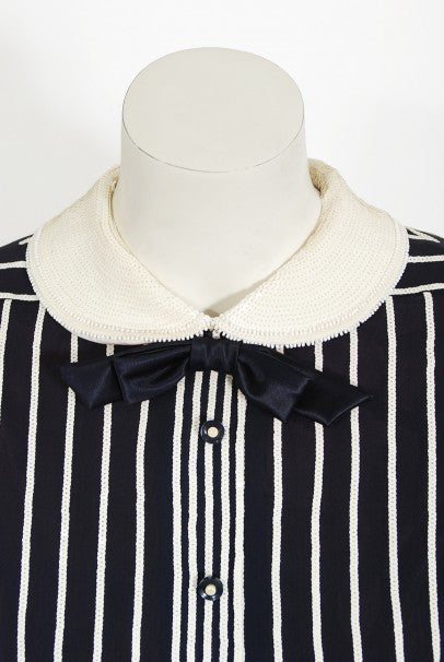 1970's Jacques Réval Paris Navy Chiffon Sequin-Stripe Pleated Maxi Dress