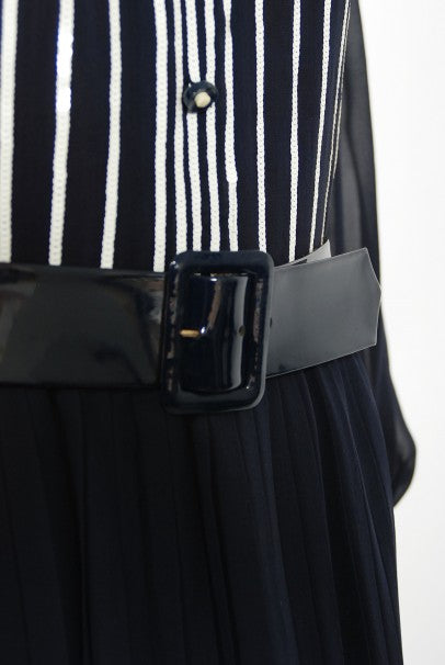 1970's Jacques Réval Paris Navy Chiffon Sequin-Stripe Pleated Maxi Dress