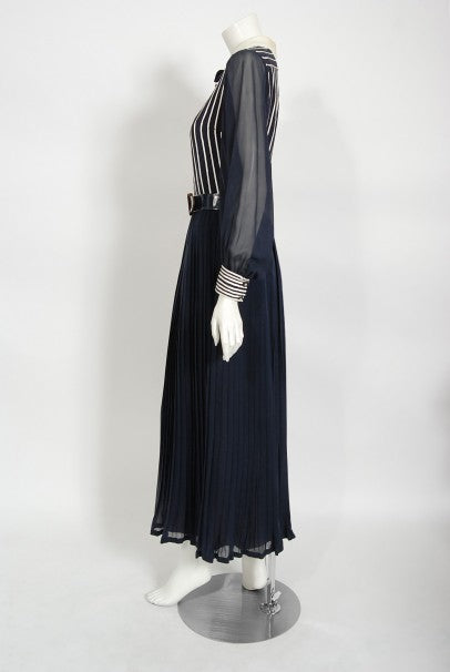 1970's Jacques Réval Paris Navy Chiffon Sequin-Stripe Pleated Maxi Dress
