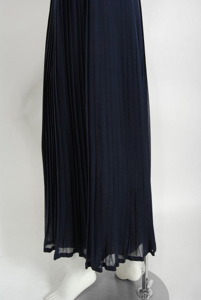 1970's Jacques Réval Paris Navy Chiffon Sequin-Stripe Pleated Maxi Dress