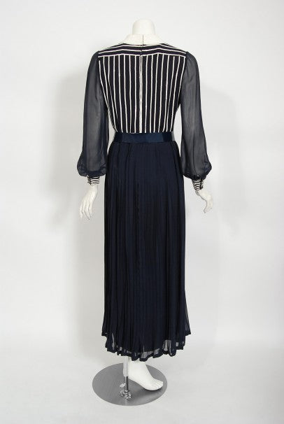 1970's Jacques Réval Paris Navy Chiffon Sequin-Stripe Pleated Maxi Dress