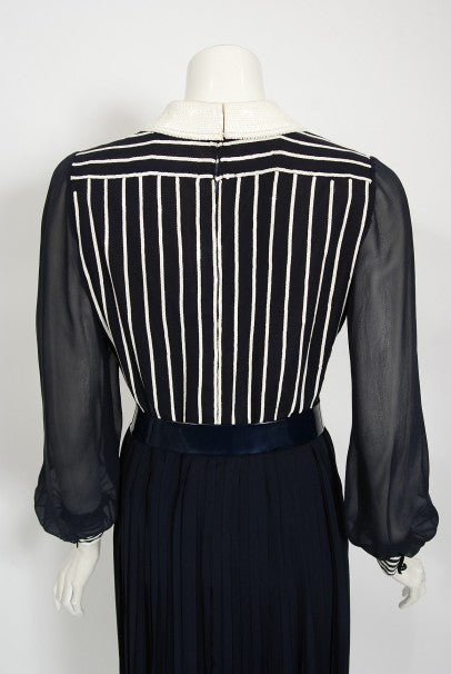 1970's Jacques Réval Paris Navy Chiffon Sequin-Stripe Pleated Maxi Dress