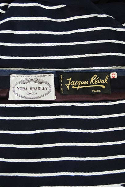 1970's Jacques Réval Paris Navy Chiffon Sequin-Stripe Pleated Maxi Dress