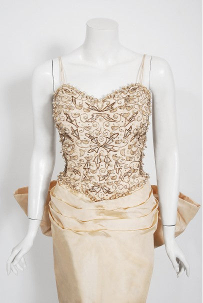 1950&#39;s Custom Couture Hourglass Jeweled Beaded Ivory Silk Back-Bow Gown