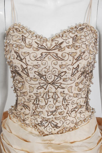 1950's Custom Couture Hourglass Jeweled Beaded Ivory Silk