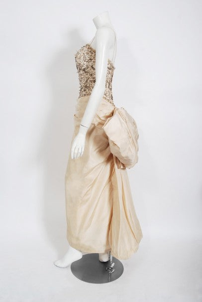 1950&#39;s Custom Couture Hourglass Jeweled Beaded Ivory Silk Back-Bow Gown