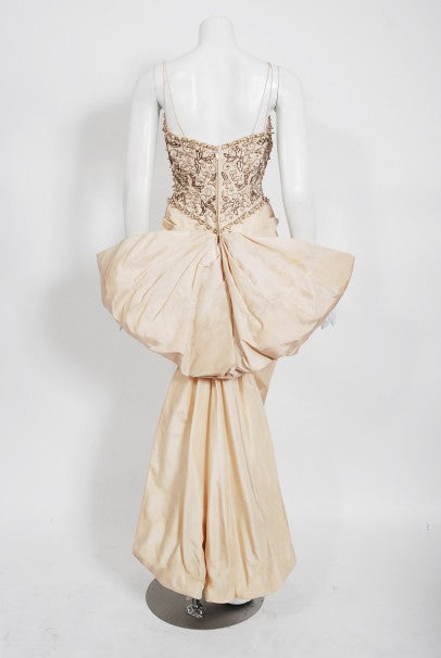 1950&#39;s Custom Couture Hourglass Jeweled Beaded Ivory Silk Back-Bow Gown