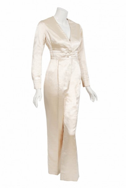 1960&#39;s Galanos Couture Ivory Silk Satin Low-Plunge Long Sleeve Jumpsuit