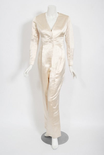 1960&#39;s Galanos Couture Ivory Silk Satin Low-Plunge Long Sleeve Jumpsuit