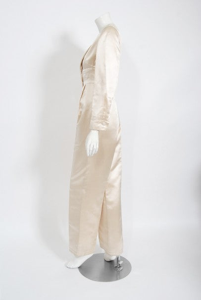 1960&#39;s Galanos Couture Ivory Silk Satin Low-Plunge Long Sleeve Jumpsuit