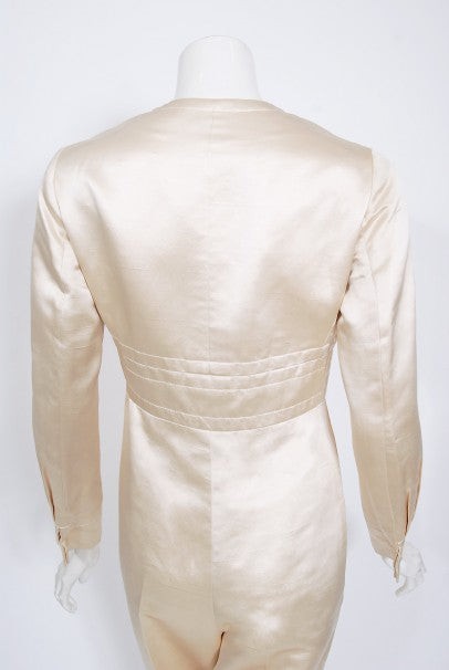 1960&#39;s Galanos Couture Ivory Silk Satin Low-Plunge Long Sleeve Jumpsuit
