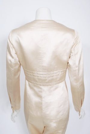 1960's Galanos Couture Ivory Silk Satin Low-Plunge Long Sleeve Jumpsuit