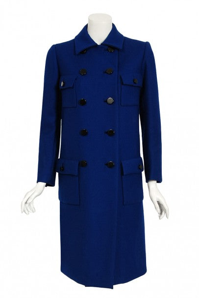 1969 Norman Norell Royal Blue Wool Double-Breasted Mod Military Coat