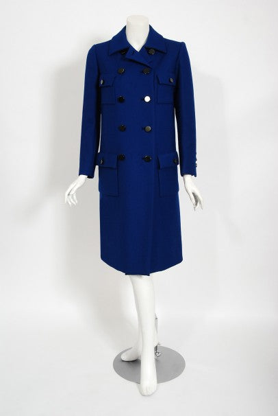 1969 Norman Norell Royal Blue Wool Double-Breasted Mod Military Coat