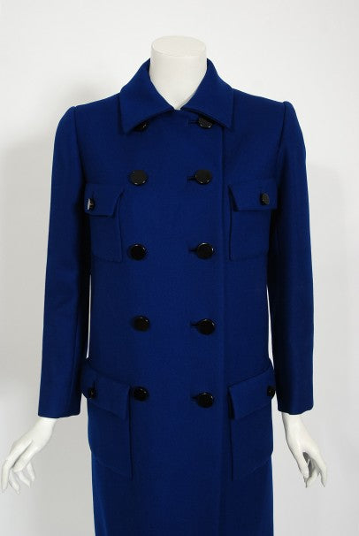 1969 Norman Norell Royal Blue Wool Double-Breasted Mod Military Coat